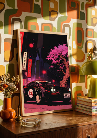 Drift Division 02 by Melancholy Machinations leaning on a wooden sideboard against retro patterned wallpaper