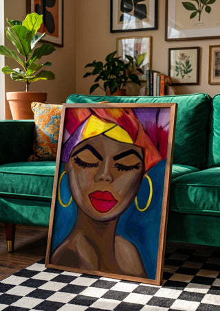 Crowned in color by Bibi in a wooden frame beside a green velvet sofa on a chequered floor