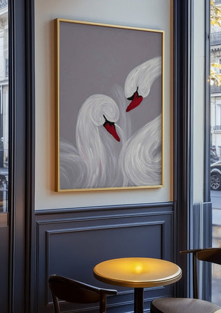 The Swirl of Us by Bibi in an oak frame on a panelled cafe wall