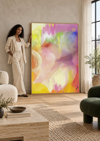 Color rond by FridaRit leaning against a sunlit living room wall beside a woman