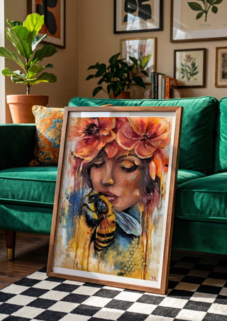 BeeYou by Elisa Kay leaning against a green velvet sofa on a chequered floor