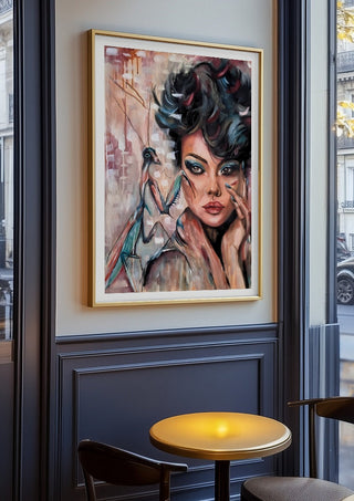 Die Göttin in dir by Elisa Kay in an oak frame on a panelled café wall
