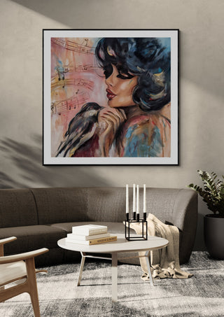 Sound of Hope by Elisa Kay framed above a grey sofa with a round coffee table