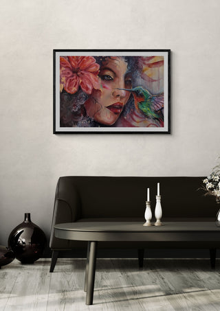 The Light Moment by Elisa Kay framed above a dark sofa with white vases