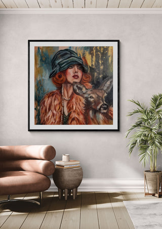 Vintage Harmony by Elisa Kay framed above a tan armchair beside a potted plant