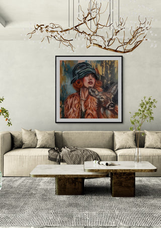 Vintage Harmony by Elisa Kay framed above a long sofa under a branch chandelier