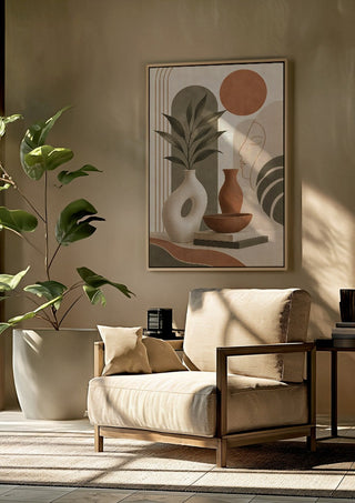 Earth Tone Abstract Still Life by TimlessArtworks framed above a beige armchair beside a potted plant