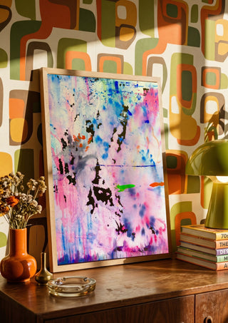 Seventy Nine by Maria Umrikhina in a wooden frame on a sideboard against retro patterned wallpaper