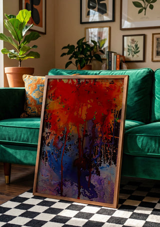 Untitled by Maria Umrikhina in a wooden frame beside a green velvet sofa on a chequered floor