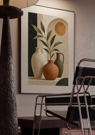 Terracotta Vase and Greenery by TimlessArtworks framed in a dim room beside a tubular steel chair