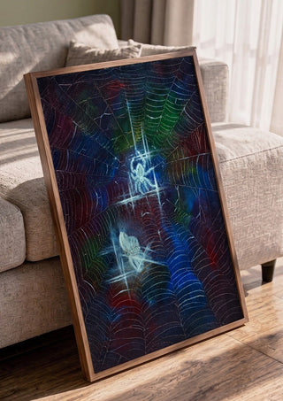 Trap by Zhan Snow in a walnut frame leaning against a grey sofa