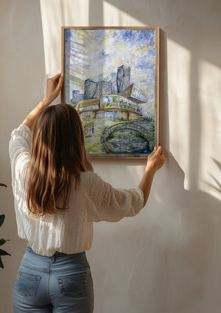 Modern Monet by Ramona’s art being hung on a sunlit wall
