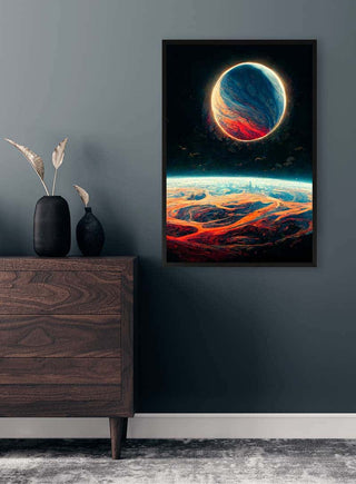 Framed "Planeter i rummet" art by Winnie Møller hanging on a dark wall above a wooden dresser.