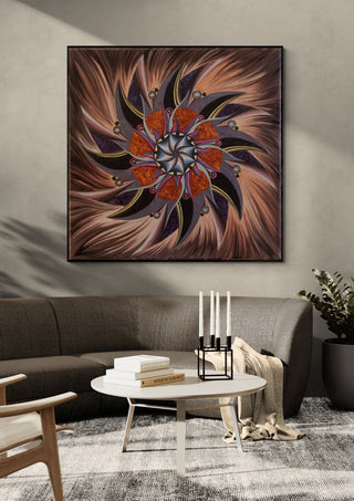 WarriorPower by Eledina in a black frame above a grey sofa with candlesticks