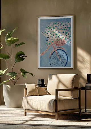 Whimsical Journey in White by Bibi framed above a beige armchair beside a potted plant