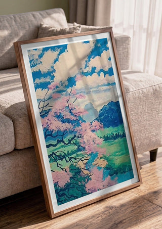 Where Whispers Meet the Monolith by Bibi in a walnut frame leaning against a grey sofa