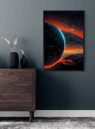 Framed "Planeter i Rummet 02" artwork by Winnie Møller displayed on a dark wall above a modern dresser.