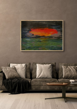 Burning sky by Ian Frederick Harris in a light wooden frame above a grey sofa in a taupe living room