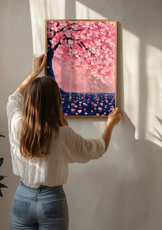 Cherry Blossom over Water by Yokohama being hung on a sunlit wall