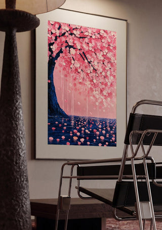 Cherry Blossom over Water by Yokohama framed in a dim room beside a tubular steel chair