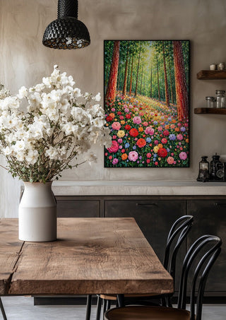Rose Path in the Forest by Yokohama in a black frame above a rustic table with white flowers
