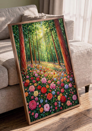 Rose Path in the Forest by Yokohama in a walnut frame leaning against a grey sofa