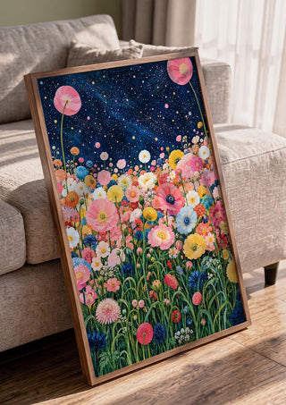 Starlit Flower Field by Yokohama in a walnut frame leaning against a grey sofa