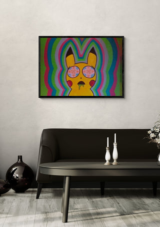 Psykemon by Luigi Monti in a black frame above a dark sofa with white candlesticks