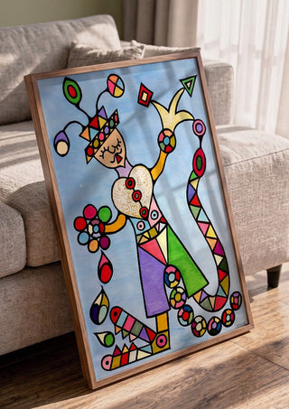 Figure with a Heart by Steffi Seiler in a walnut frame leaning against a grey sofa