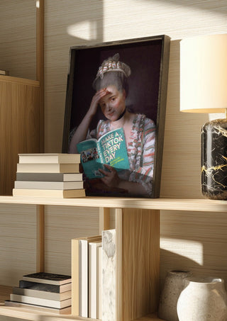 Make a Tik Tok by Dikhotomy in a dark frame on a wooden shelf beside books and a lamp