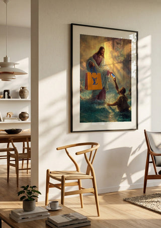 Divine Exchange by Dikhotomy in a black frame in a bright dining room with wooden chairs