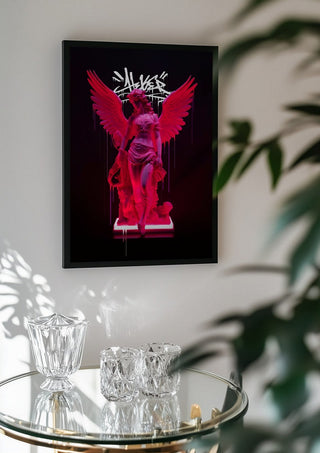 Neon Athenea by Dikhotomy in a black frame above a glass table with crystal glassware