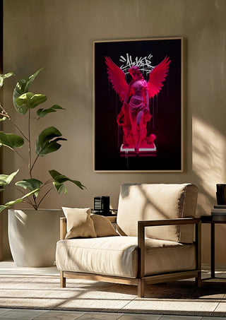 Neon Athenea by Dikhotomy framed above a beige armchair beside a potted plant