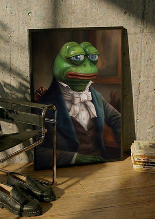 Sir Pepe by Dikhotomy in a black frame leaning against a concrete wall by a steel chair