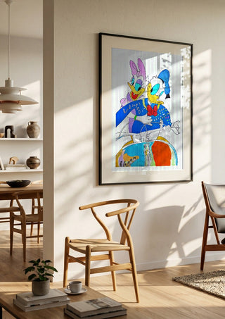 Vacanze Romane (Pop-surrealist take) by NKo in a black frame in a bright dining room with wooden chairs