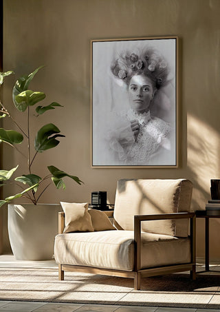 Klara by Bettinafloorphoto framed above a beige armchair beside a potted plant