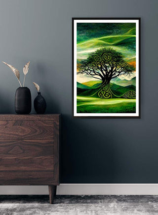 Green Midnight by Thomas Nordentoft framed on a dark wall above a wooden dresser with modern decor.