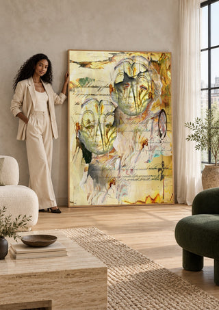 Dem jeg holder af by Henrik Kock leaning against a sunlit living room wall beside a woman