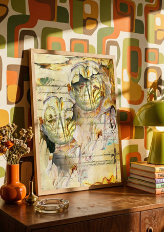Dem jeg holder af by Henrik Kock in a wooden frame on a sideboard against retro patterned wallpaper