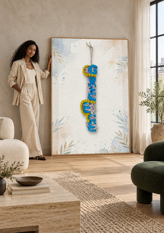 GREECE Terracotta by Ammar leaning against a sunlit living room wall beside a woman