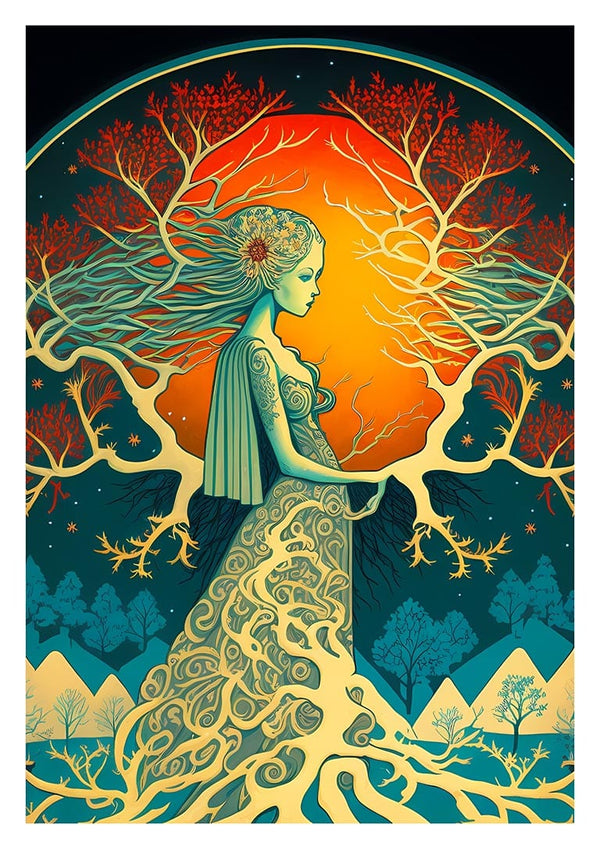 Artistic image of Mother Nature with flowing hair and branches, set against a vibrant sunset and mountain backdrop.