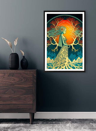 Framed "Mother Nature" by Thomas Nordentoft displayed above a dark dresser in a modern room.