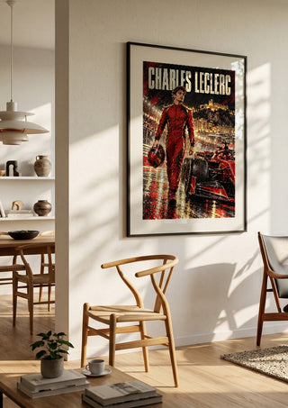 Charles Leclerc by Danii Steinfeldt in a black frame in a bright dining room with wooden chairs
