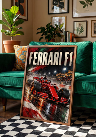 Ferrari F1 by Danii Steinfeldt in a wooden frame beside a green velvet sofa on a chequered floor