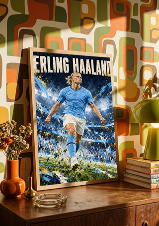 Erling Haaland by Danii Steinfeldt in a wooden frame on a sideboard against retro patterned wallpaper