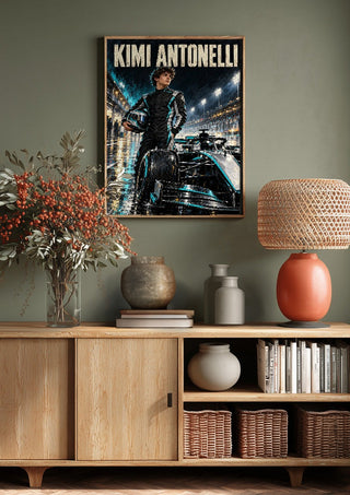 Kimi Antonelli by Danii Steinfeldt above a wooden sideboard on a sage green wall