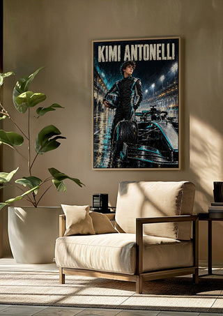 Kimi Antonelli by Danii Steinfeldt framed above a beige armchair beside a potted plant
