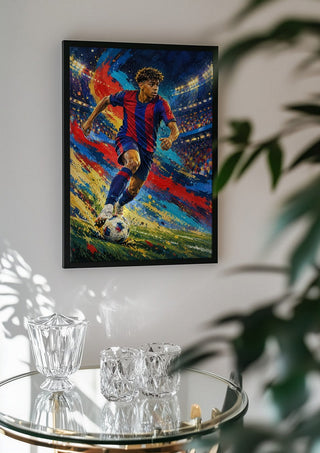 Lamine Yamal Barcelona by Danii Steinfeldt in a black frame above a glass table with crystal glassware