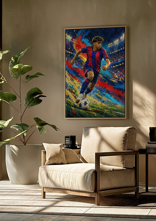 Lamine Yamal Barcelona by Danii Steinfeldt framed above a beige armchair beside a potted plant