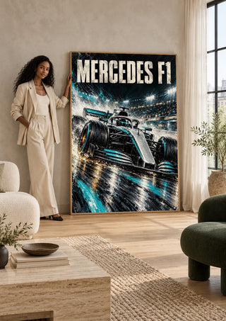 Mercedes F1 by Danii Steinfeldt leaning against a sunlit living room wall beside a woman